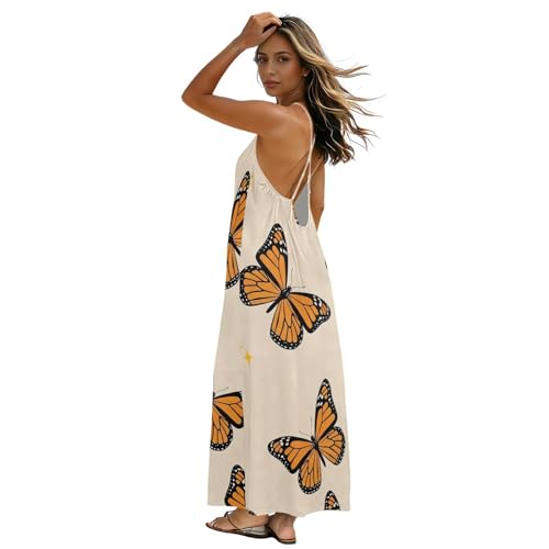 Robe longue papillons oranges à dos ouvert et fines bretelles réglables