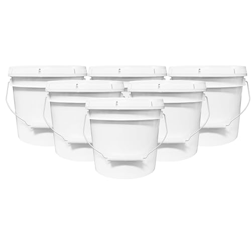 MKS Plastics 1-Gallon Bucket with Airtight Lid Made in USA Food Grade BPA Free Plastic Heavy Duty Multi-Use Metal Handle with Grip Stackable Storage White 6 Pack