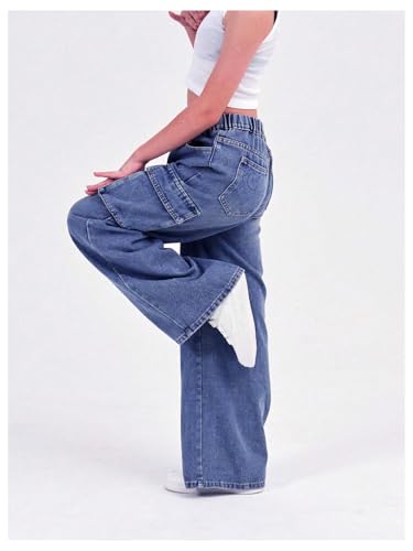 Verdusa Girl's Loose Wide Leg Denim Cargo Pants Elastic Waist Jeans with Pockets2