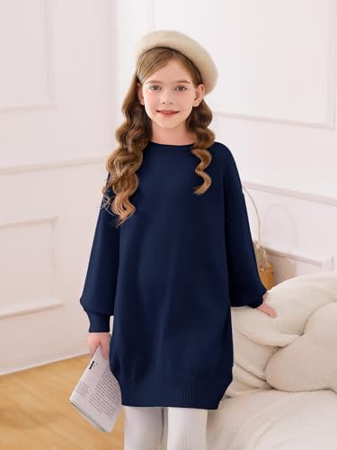 Image of Haloumoning Girls Sweater Dress Casual Crewneck Knit Long Sleeve Fall Winter Dress Pullover 5-14Y