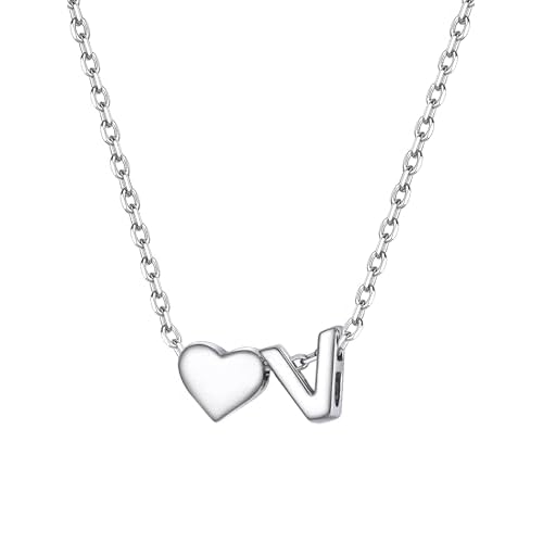 PROSILVER Initial Heart Necklace for Women, 925 Sterling Silver Tiny Heart Letter Necklace Siver, Gold Necklace, Come with Box V Gold