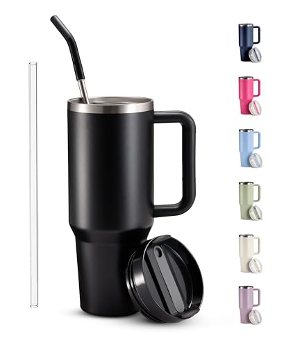 Image of KooK Stainless Steel Tumbler, with Straw and Handle, Leakproof, Vacuum Insulated Travel Coffee Mug, Reusable Double Walled Water Bottle, Keeps Hot or Cold, 40 oz, Black