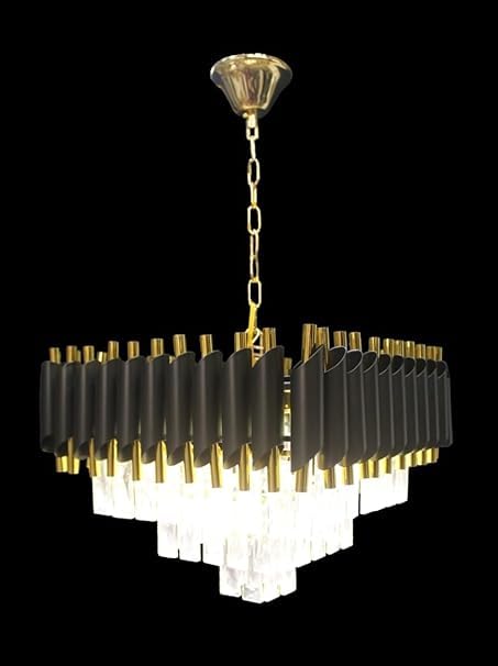 Image of Modern Crystal Square black-Gold 600mm Chandelier Pendant Ceiling Light Fixture Flush Mount Chandelier for Dining Room Living Room Bedroom Foyer Hallway Entryway