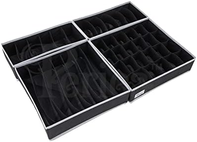 Periea Katrina Drawer Organisers - Boxes in 3 Sizes for Organising Bedroom Drawers - Individual Organisers or Packs (Black with White Piping, x2 24 Cell + x1 7 Cell + x3 6 Cell)
