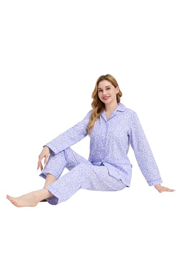 Image of GLOBAL Women Cotton Pajamas Long Sleeve PJs Button Down Sleepwear S-3XL