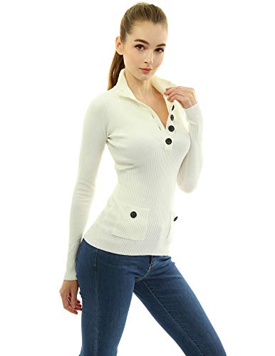 AmélieBoutik Women Button Up V Neck Ribbed Pullover Sweater with Pocket2
