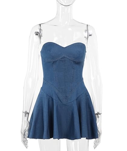 Image of xxxiticat Women's Denim Tube Dress Sleeveless Pleated Skirt Hem Strapless A-Line Flared Off Shoulder Mini Jeans Dresses
