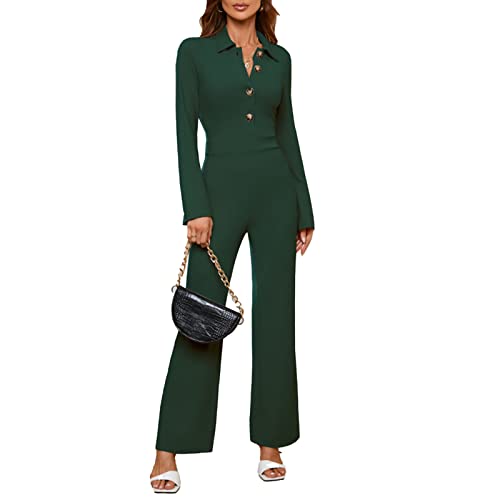 Mono de Manga Larga para Mujer Mono Elegante con Cuello Vuelto Mono Largo Informal con Botones Tops Pantalones de Pierna Recta Traje de pantalón Informal (M-Verde) Cover
