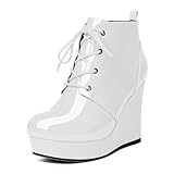 Younton Women's Platform Boots Wedge High Heels Boots Round Toe Lace up for Party Prom Wedding 4' Dress Wedding Shoes Patent White US Size 7