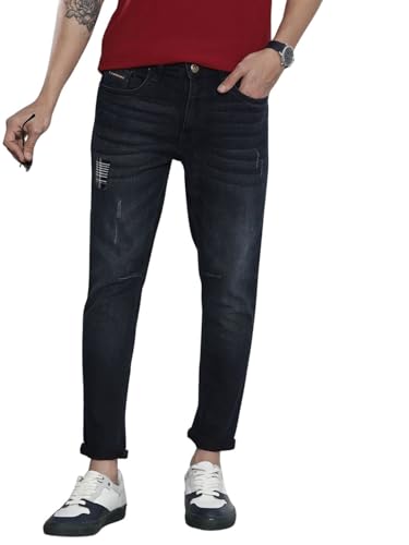Image of The Indian Garage Co Men Carrot Fit Solid Mid-Rise Stretchable Jeans