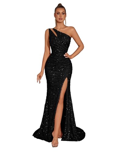 Evening Gowns Formal Dresses for Women Cocktail Party Sequin Tulle Sexy One Shoulder Floor Length Prom Wedding Guest Dress