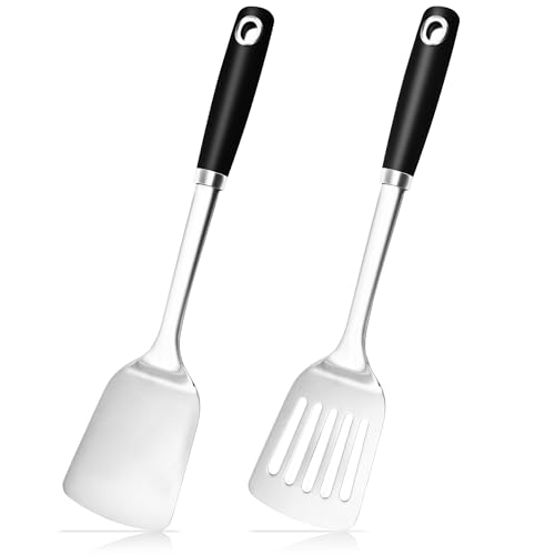 MUJINON 14.3-in Spatula Set, 18/0 Stianless Steel Heavy Duty Turner & Slotted Spatula, Kitchen Cooking Utensils Set, High Heat Resistant, Grilling Frying Serving Food, Pack of 2