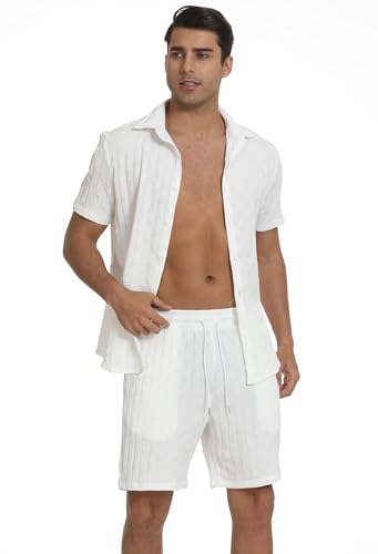 QJQ Men's 2 Piece Outfits Short Sleeve Button Down Shirts Texture Shorts3