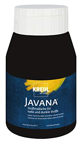 KREUL 91561 - Javana Stoffmalfarbe für helle und dunkle Stoffe, 500 ml Flasche schwarz, brillante Farbe auf Wasserbasis, pastoser Charakter, zum Stempeln und Schablonieren, nach Fixierung waschecht
