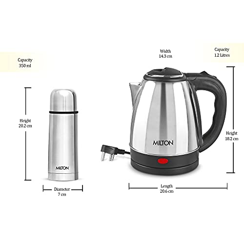 Image of Milton Euroline Combo Set Go Electro Stainless Steel Electric Kettle, 1.2 Litres, Silver and Flip Lid Thermosteel Hot or Cold Stainless Steel Water Bottle with Jacket, 350 ml, Silver