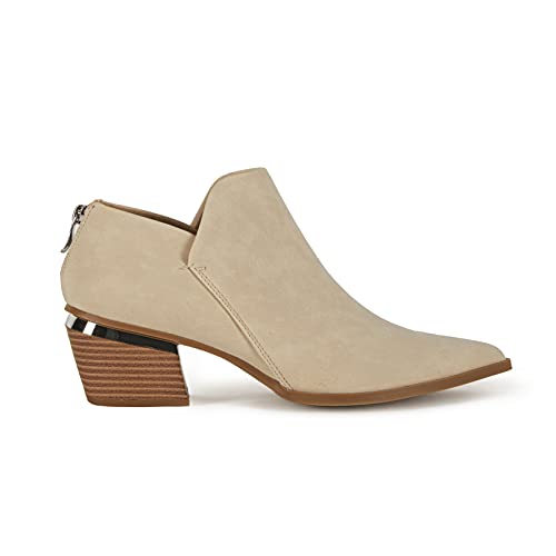 Photo 1 of 7.5---Women's Low Cut Ankle Boots Pointed Toe Chunky Stacked Heel Metal Detail Back Zipper Booties 7.5 Apricot
