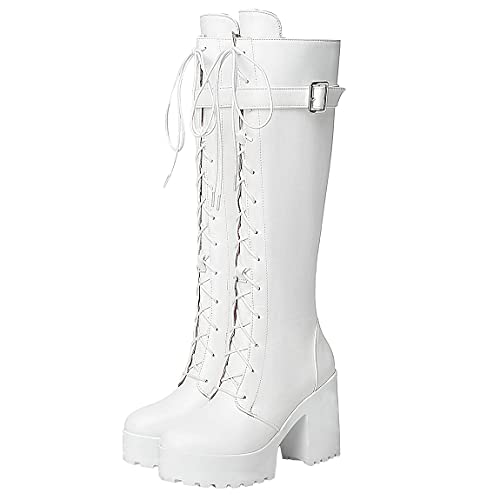 Trendenzy Women's Gothic Knee High Boots Platform Chunky Lace Up Combat Buckle Boots