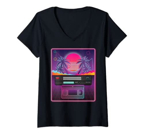 Femme Vaporwave Lecteur VCR et ruban adhésif rétro années 80 et 90 T-Shirt avec Col en V