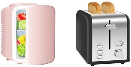 YSSOA 4L Pink Mini Fridge and 2 Slice Black Stainless Steel Toaster