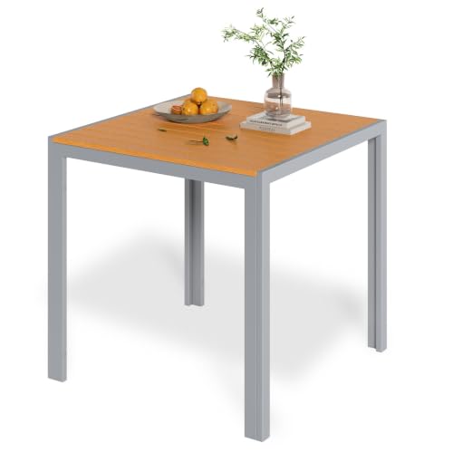 LIFERUN Table de Jardin Extérieur, de Salle à Manger Carrée, Cadre en Aluminium, Plateau de Table en WPC, de Terrasse et Véranda, Résistante aux Intempéries, 75x75x72 cm, Brun Teck + Gris Clair
