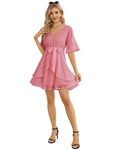 Women Bridal Shower Dress Chiffon Swiss Dot Graduation Summer Casual Cute Wrap Flowy Beach Party Dress - Thumbnail 4