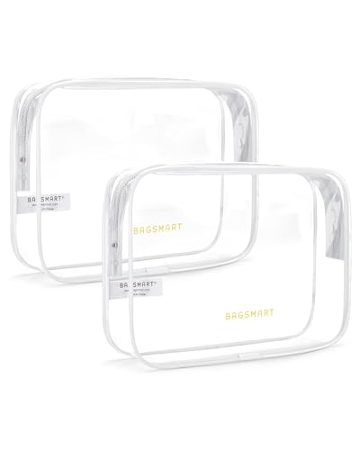 Image of BAGSMART Clear Toiletry Bag, 2 Pack TSA Approved Travel Toiletry Bag Carry on Travel Accessories Bag Airport Airline Quart Size Bags Water Repellent Makeup Cosmetic Bag for Women (White-2pcs) | Carry on Travel Accessories Bag, Airport Airline Quart Size Bags for Women Men, Makeup Cosmetic Bag