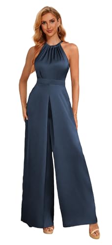 Halter Formal Jumpsuits for Women Satin Long Wide Leg Pants High Waist One Piece Outfits with Pockets Rompers