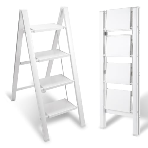 Mantigositeen Scaletta pieghevole a 4 gradini, portata fino a 150 kg, antiscivolo ampi gradini con pedale antiscivolo, pieghevole salvaspazio, scala domestica per cucina, bianco