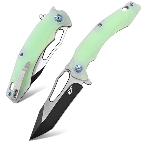 Eafengrow EF915 Folding Knife D2 Steel Blade with Black-Oxide Coating, G10 Handle with Ball Bearing Safe Open Flipper Knife,Locking Liner and Pocketclip for Camping Work (Jade)