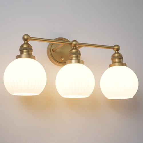 Image of 3-Lights Bathroom Light Fixtures, Vintage Milk White Glass | Hardwired Gold Wall Mounted Lamp for Bathroom Mirror to Elevate Decor & Refresh Older Home's Look,DIY-friendly,UL,E26