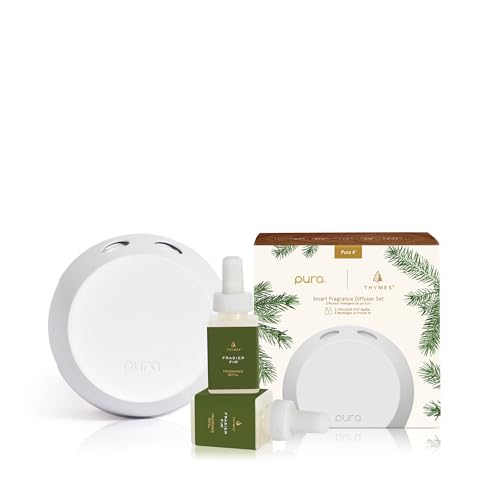Thymes x Pura 4 - Smart Home Fragrance Diffuser Kit - Includes 1 Pura Diffuser + 2 Fragrance Refill Vials - Long Lasting Scents - LED Light - 2.4 GHz WiFi Required (Frasier Fir)