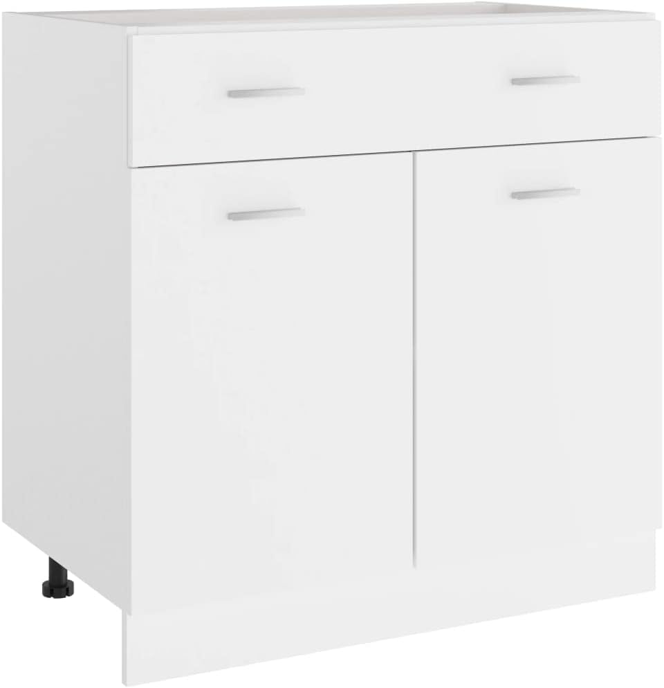 White Engineered Wood Drawer Bottom Cabinet with Shelf Storage for Kitchen Organization