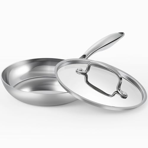 Image of Stainless Steel 8 Inch Frying Pan Nonstick, Tri-ply Clad Base Non-toxic Skillets with Stainless Steel Lid, Fast and Even Heating Stay Cool Handles Induction Dishwasher & Oven Safe PFOA Free Cookware