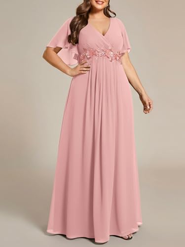 Image of Ever-Pretty Short Sleeves V Neck Plus Size Formal Dresses for Curvy Women Chiffon Mother of The Bride Dress Evening Gowns