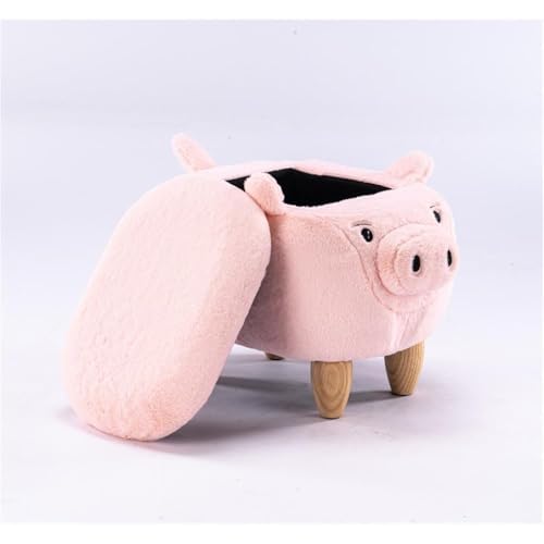 Image of Pemberly Row Kids Pig Fabric Storage Ottoman /Stool, Pink and Natural Finish, 14 in x 14 in x 22 in, Soft Furry Upholstery, Solid Wood Legs, Hidden Storage, No Tools Assembly, Nursery, Playroom or