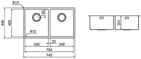 Kitchen Sink Plados SL7420 in Brushed Stainless Steel with Two Bowls for undermount Installation