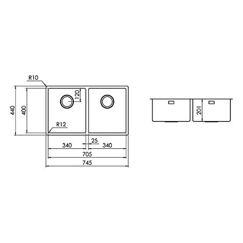 Lavello cucina Plados SL7420 in acciaio inox satinato a due vasche per installazione Sottotop