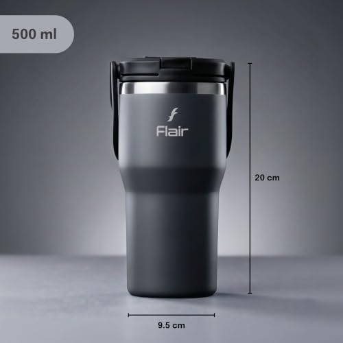 Image of FLAIR Rage Vacuum Insulated Coffee Tumbler 500 ml Black | 2-in-1 Lid (Straw & Sip)| 304 Double Wall Stainless Steel | Leak-Proof Lid | Hot & Cold Travel Mug with Handle | BPA-Free