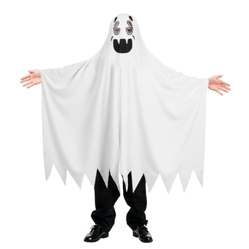 DiULi Geist Geister Umhang Kinder Weißes Geisterkostüm Geister Weiß Umhang für Jungen Mädchen Ghost Cape für Halloween Party Cosplay Karneval