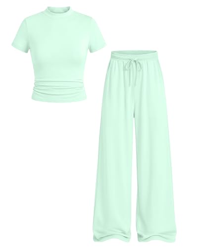 Yooo's Vivi Girls' 2 Piece Outfits Teen Summer Fashion Sets Mock Neck Short Sleeve Tops Drawstring Wide Leg Pants Pockets(7-8 Years,Mint Green)