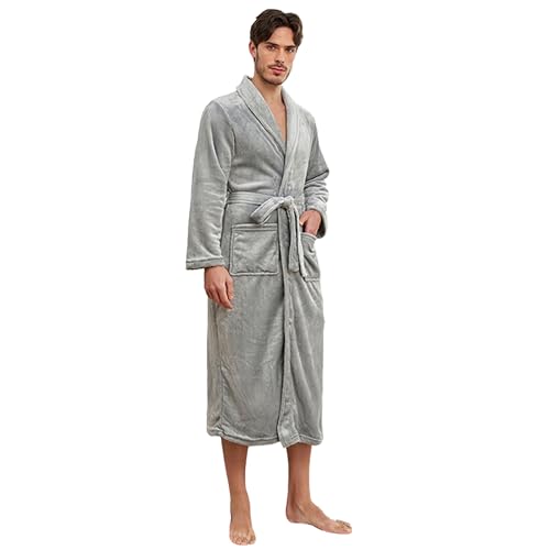 RONGTAI Bathrobe for Men, Long Shawl Collar Robe, Plush Fleece Fabric, Side Pockets, Warm and Cozy Sleepwear (Grey, M)