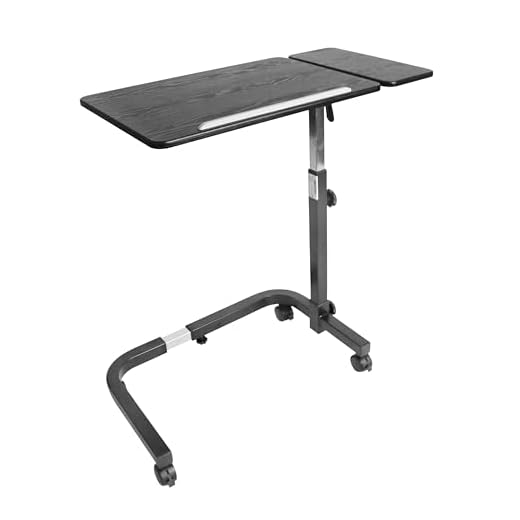 KMINA Overbed Table with Wheels, Hospital Bed Table, Tilting, Adjustable Height, Wood and Steel, C Shaped Side, Black