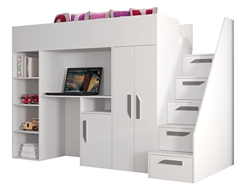 MEBLE KRYSPOL Party 14 Hochbett für Kinder, Jugendliche mit Stauraum - Etagenbett mit Schreibtisch, Kleiderschrank, Bücherregal und Trittleitern - 247x120x165 cm - Weiß, Weiß, Grau