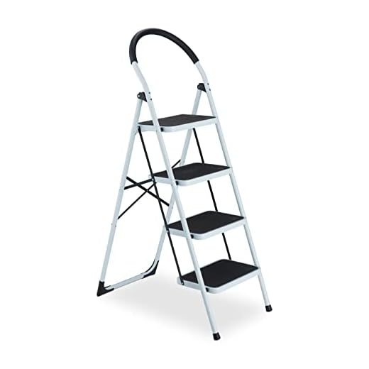 Relaxdays Escalera, Escalerita Plegable, 4 Peldaños, hasta 150 kg, Escalerilla Antideslizante con Asa, Blanco/Negro, 70% Acero 30% plástico, 4 Stufen