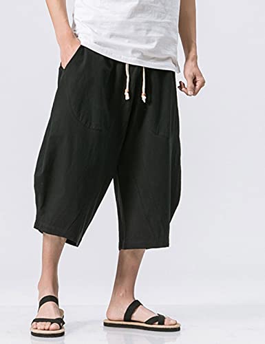 HangNiFang Mens Casual Cotton Linen Elastic Waist Drawstring Capri Pants2