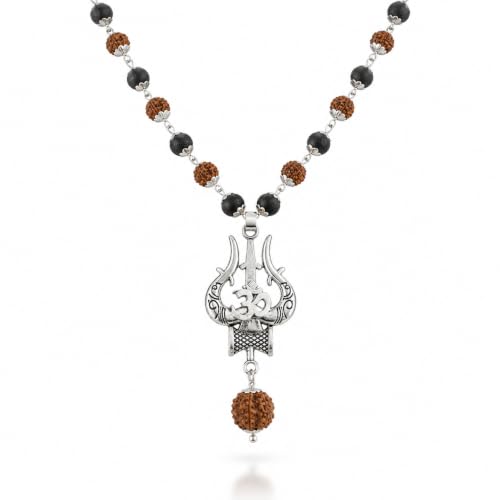 Image of Original Rudraksha & Karungali Mala 8mm 54 Beads with Shiva Trishul Pendant | Authentic Ebony Wood Spiritual Necklace for Protection, Meditation, Focus & Positive Energy | Prayer Mala for Men & Women | Certificate of Authenticity