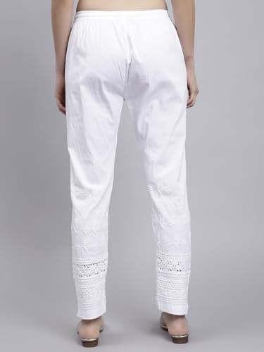 Image of Seva Chikan Hand Embroidered Lucknowi Chikankari White Lycra Trouser Palazzo Pant for Women SCL11029