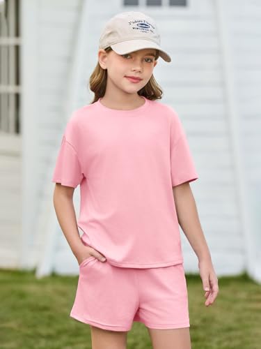 Image of Haloumoning Girls Summer 2 Piece Outfits Kids Oversized T Shirts and Shorts Clothing Sets 5-14 Years