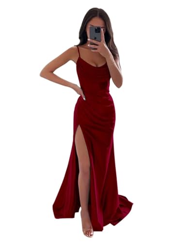 Infuness Damen Satin Brautjungfernkleider Lange Spaghettiträger Schlitz Meerjungfrau Formelle Partykleider mit Schlitz