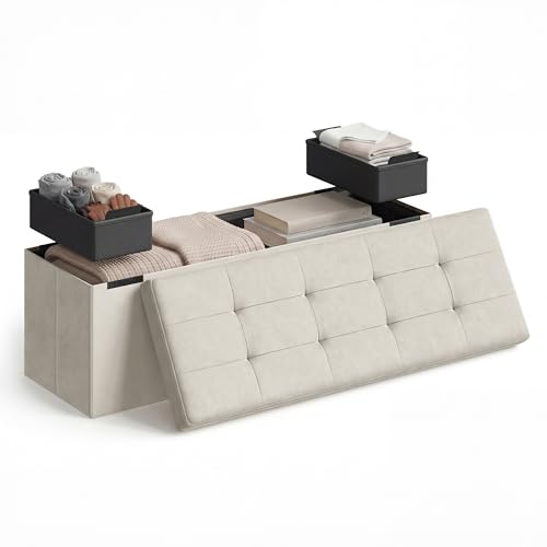 SONGMICS HOME Ottoman with Storage, Removable Lid, Folding Storage Chest, Easy Assembly, for Entryway, Bedroom, Living Room, 15.2 x 43.2 x 15.2 Inches, Velvet, White